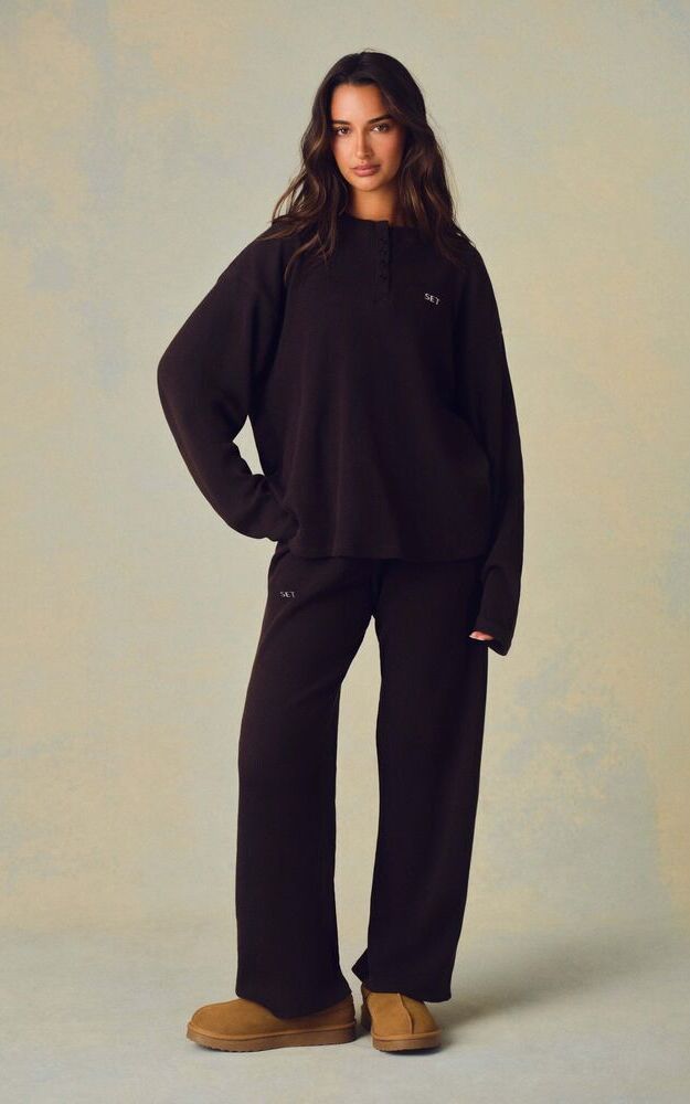 Waffle Lounge Drawstring Straight Leg Pants - Driftwood