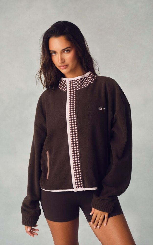 Microfleece Gingham Funnel Zip - Driftwood
