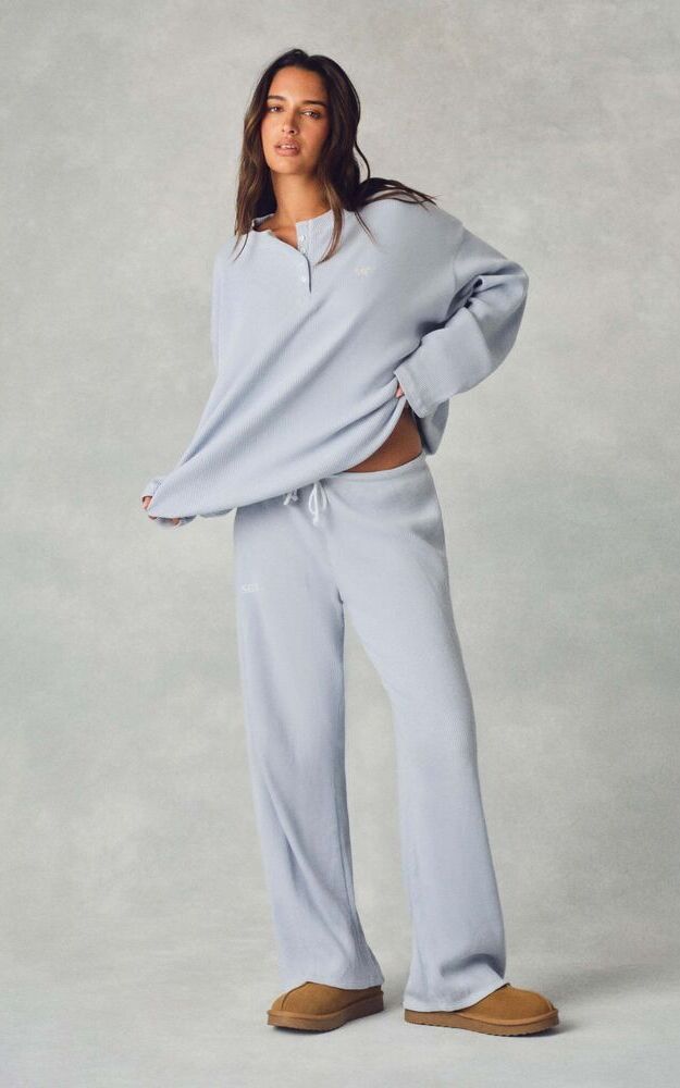 Waffle Lounge Drawstring Straight Leg Pants - Palmetto