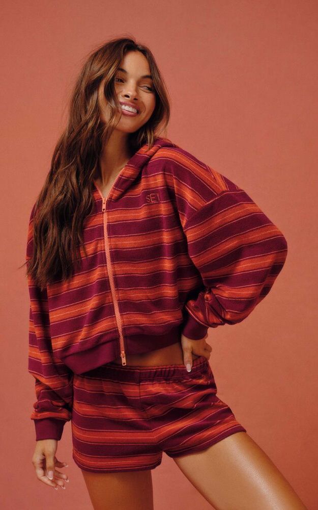 Towel Terry Terry Stripe Funnel Zip Hoodie - Heatwave